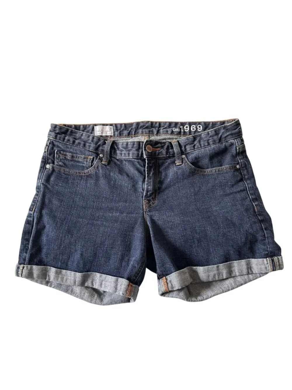 Gap 1969 Real Straight Denim Shorts 31 Indigo Rinse Mid Rise Cuffed Stretch
